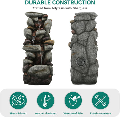 19.5" H 4-Tier Indoor & Outdoor Water Fountain with LED Lights | Resin Pebble Textured Tabletop Cascading Water Feature, Relaxing Decor for Patio, Porch, Deck, Yard & Home