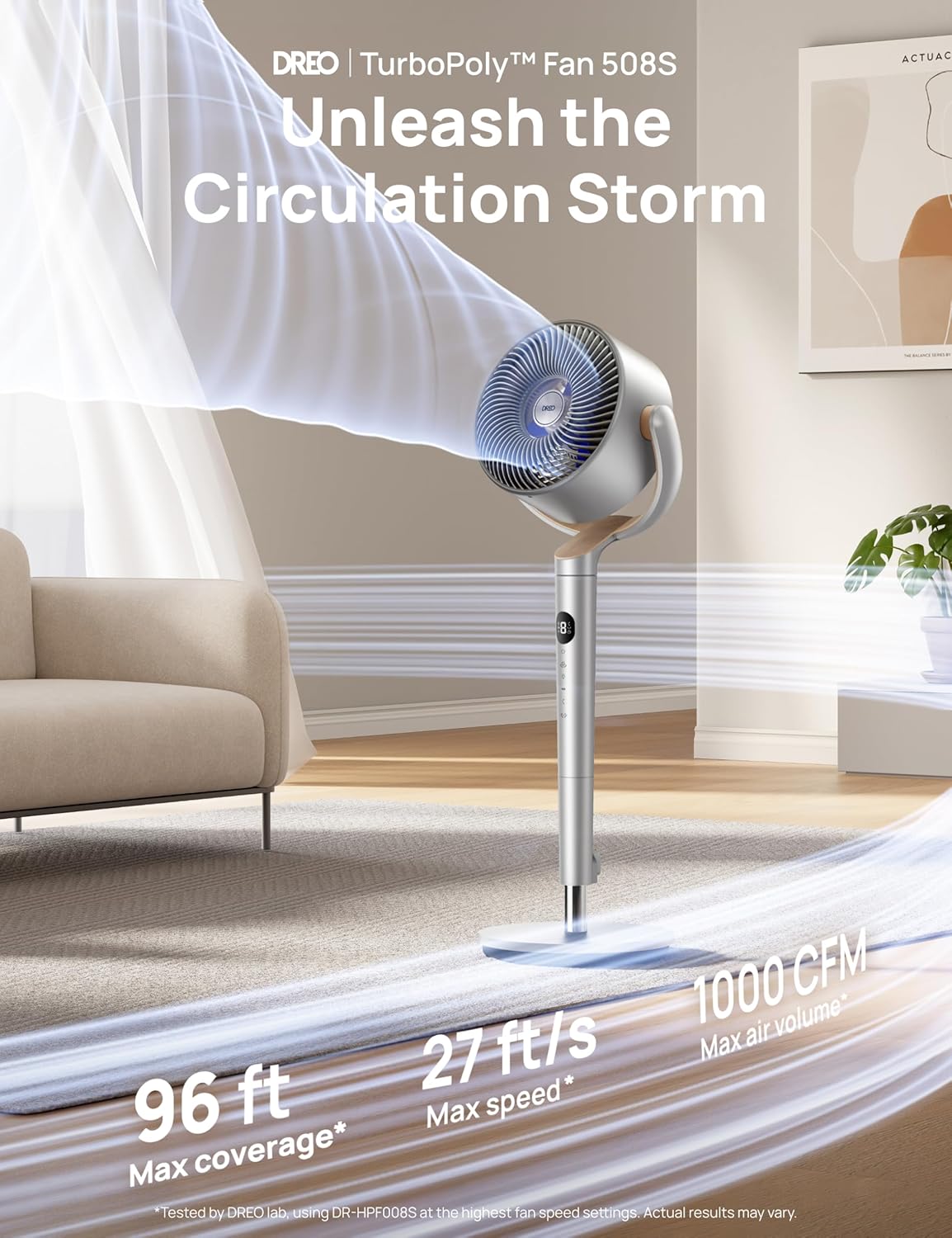 DREO Smart Fan for Bedroom, 120° +120° Omni-Directional Oscillating Fans, 100ft Quiet Pedestal Fan with RGB Light, 9 Speeds, 6 Modes, 20dB, 8H Timer, Wi-Fi/Voice/Alexa, 35-40" Floor Fans with Remote