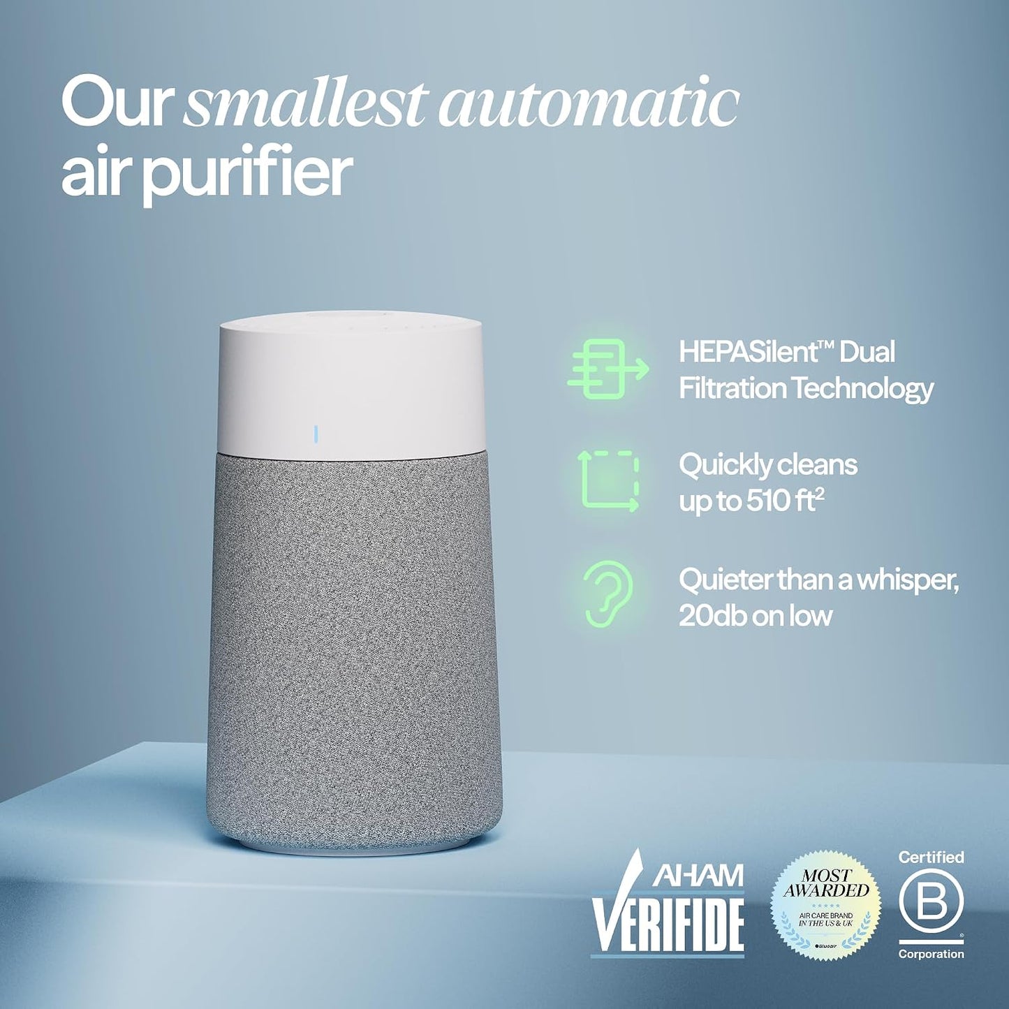 BLUEAIR Air Purifier for Home HEPA Air Purifiers for Pets, Allergies, Dust, Nursery, Office HEPASilent Techonolgy Air Cleaner for Small Rooms 432 sq ft coverage - Blue Pure 511