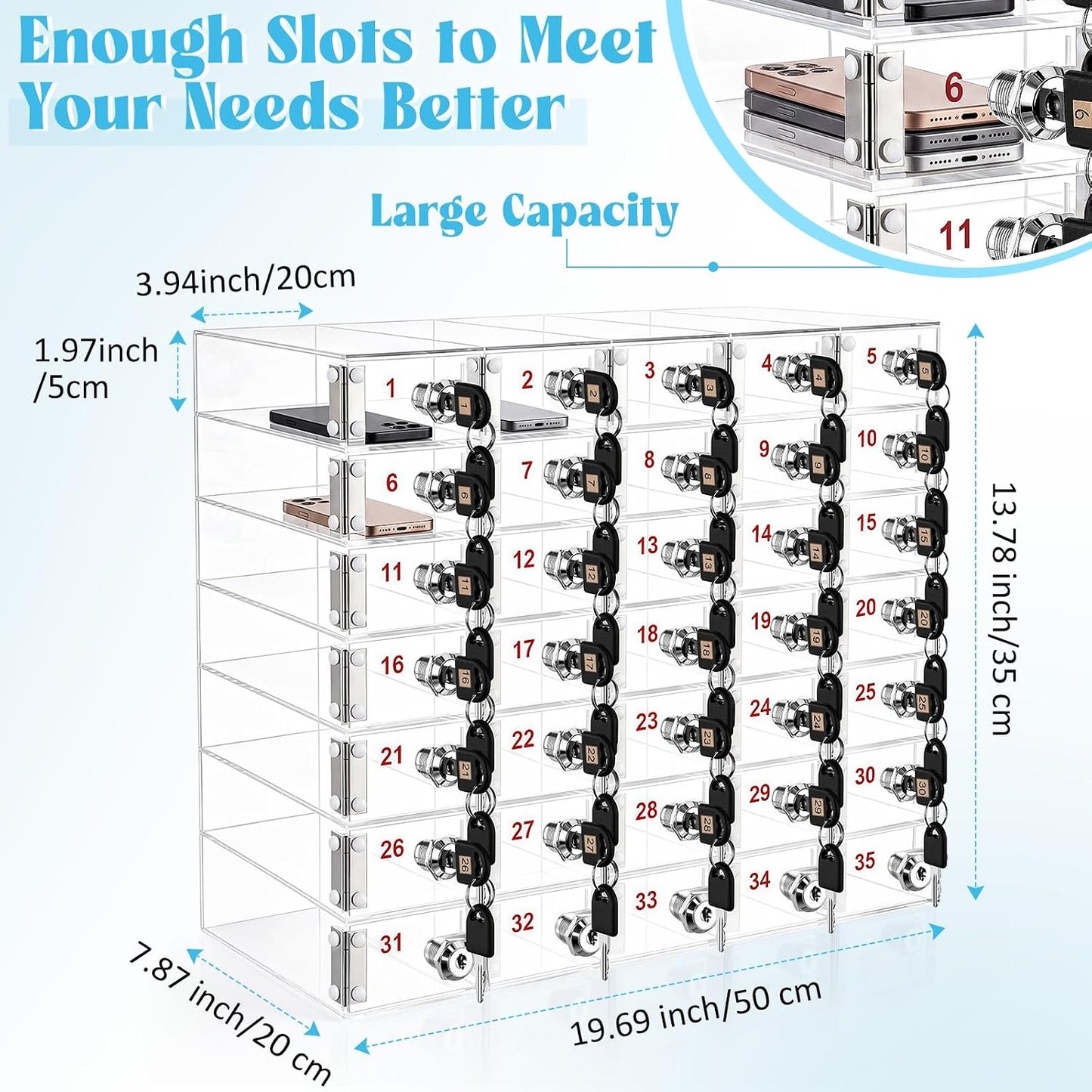 Layhit 20 Slots Cell Phone Locker Box for Classroom Clear Acrylic Cell Phone Storage Cabinet Bin with Door Locks for Classroom School Students Office Factory Employees