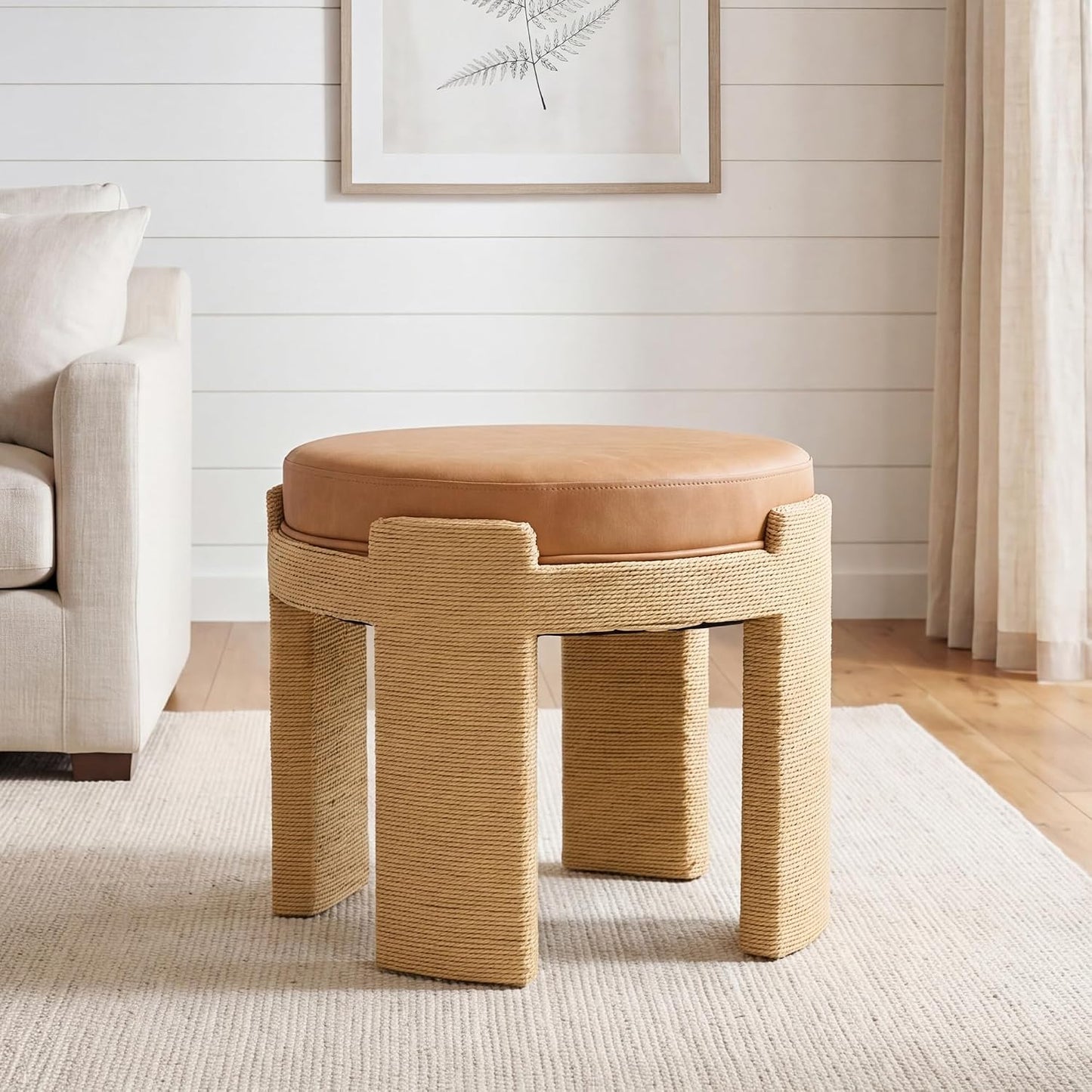 Round Foot Stool Ottoman Set of 2, Boho Hand-Woven Rope Upholstered Accent Footrest Vanity Stool Fully Assembled for Bedroom Living Room, Beige Linen