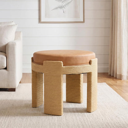 Round Foot Stool Ottoman Set of 2, Boho Hand-Woven Rope Upholstered Accent Footrest Vanity Stool Fully Assembled for Bedroom Living Room, Beige Linen
