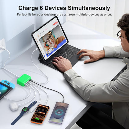 USB Fast Charger Block 50% Smaller 100W Max 6-Port GaN USB Charging Station