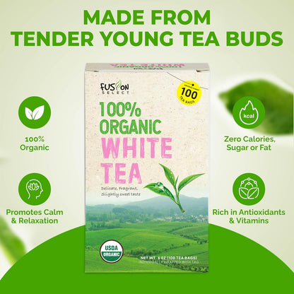 Fusion Select 100% Organic White Tea - Natural Herbal Infusion for Calmness, Relaxation, Wellness - Rich in Vitamins & Antioxidants - Zero Calories, Sugar, Fat - 100 Organic Premium White Tea Bags
