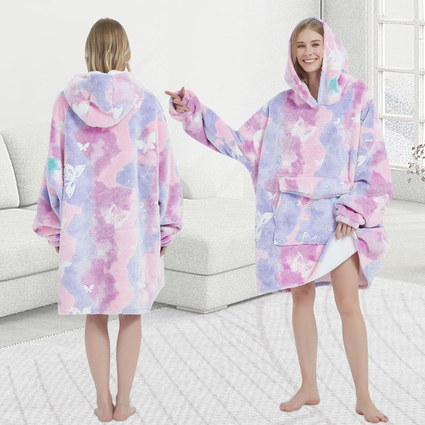 Mewkou Wearable Blanket Hoodie for Adult,Oversized Sherpa Fleece Blanket Hoodie for Women Men,Grey