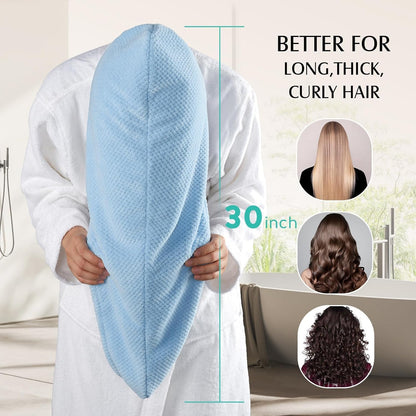 YFONG 3 Pack Large Microfiber Hair Towel Wrap, 30" x 10" Anti Frizz Quick Dry Hair Towels for Women Long, Curly, Thick Hair, Super Absorbent Hair Turban for Wet Hair (Grey, White, Camel)