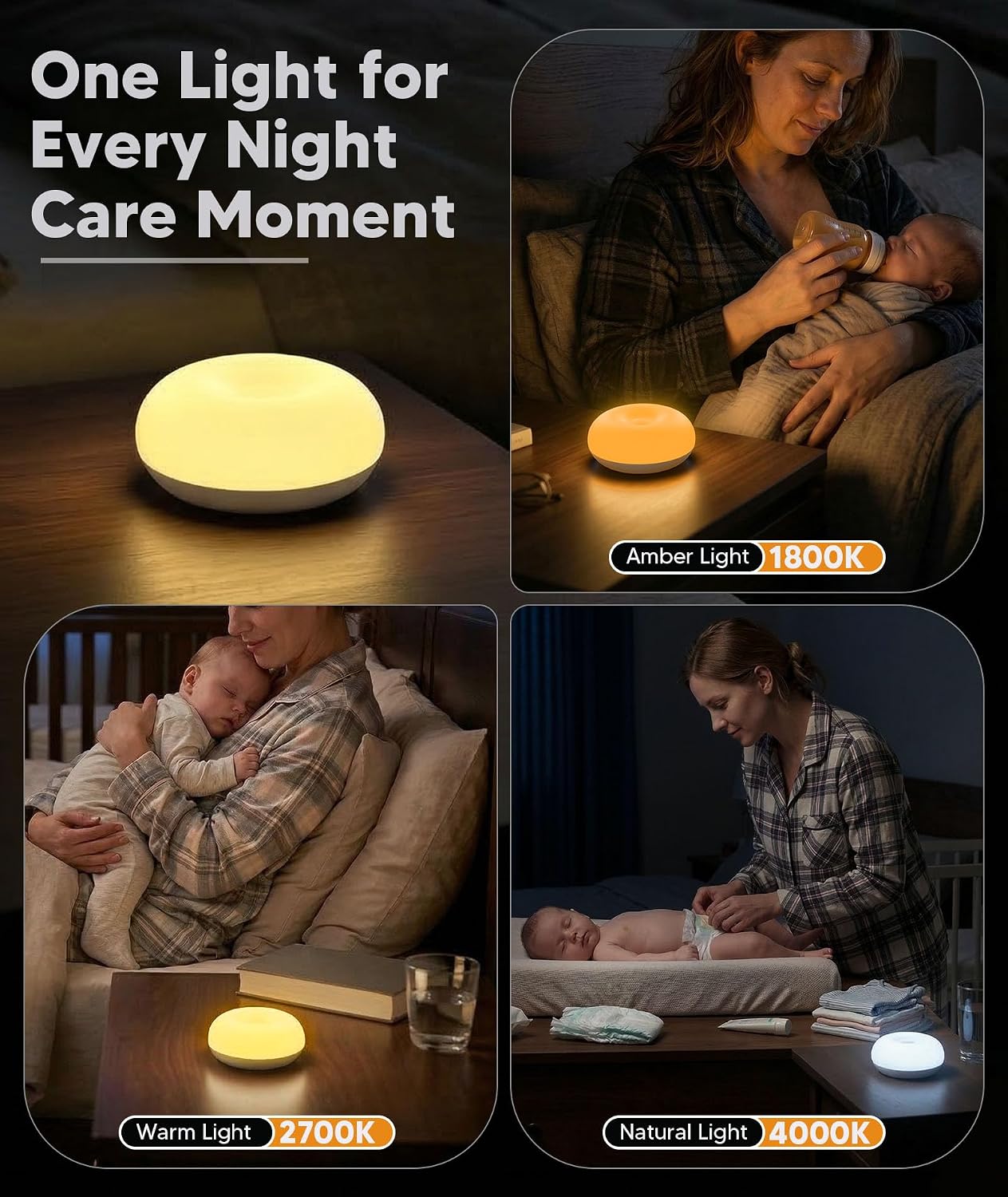 Baby Night Light for Nursery, 1800K Amber No Blue Light for Breastfeeding & Diaper Changes, Dimmable Silicone Egg Lamp with Flip Control, Brightness Memory, Child Lock, USB-C Rechargeable Nightlight