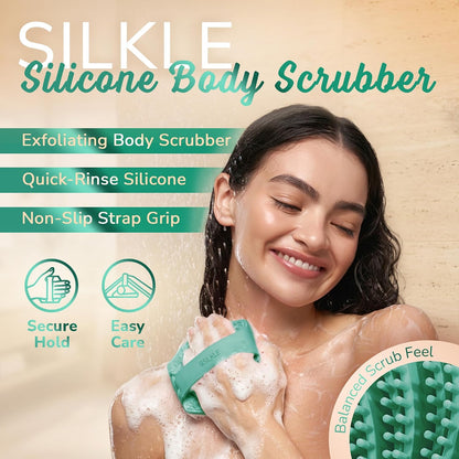 SILKLE Silicone Body Scrubber – Gentle Exfoliating Shower Scrubber for Body & Bath, Silicone Shower Brush & Loofah Alternative – Non-Slip Silicone Body Brush, Quick Dry, Hygienic - Pink