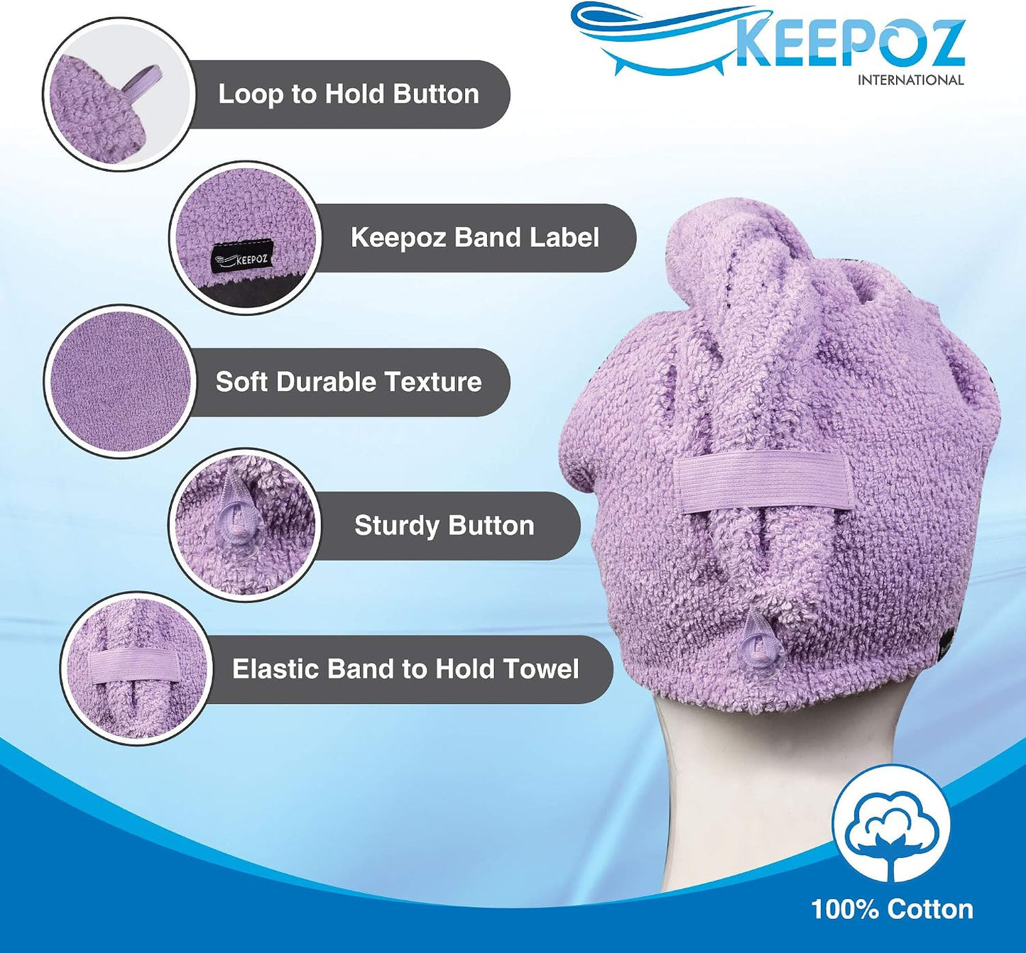 KEEPOZ 100% Cotton Hair Towel Wrap Quick Dry Super Absorbent Turban Head Wrap for Women with Button, Anti Frizz, Hair Cap for Curly, Long & Thick Hair (White, 1 Pc)
