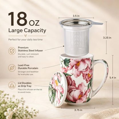 AmorArc Porcelain Tea Mug with Infuser and Lids, 18 Oz Large Cup Strainer with Bag Holder for Loose Leaf Tea, Steeping Coffee Mug for House-warming Wedding Birthday Gift