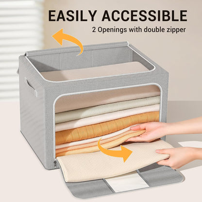 Clothes Storage Bins with Metal Frame Foldable Storage Box Clothes Organizers Storage Containers for Clothes Sheets Blankets Books Toys Gifts and Holiday Decorations (66Lx3 Pack)