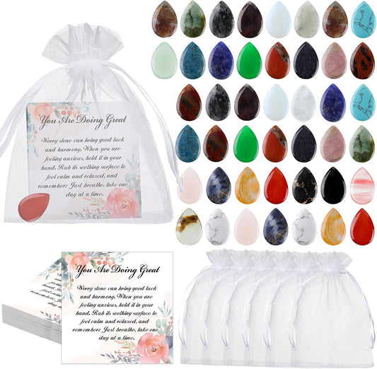 Sasylvia 50 Sets Anxiety Inspirational Gifts Include 50 Thumb Worry Stone 50 Inspirational Tags 50 Organza Bags Encouragement Gifts for Men Women Anxiety Relief Items Chakra Crystal Set for Meditation