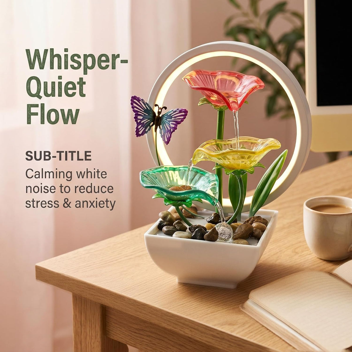 Tabletop Fountain,Indoor Water Fountain,Home Fengshui Décor Zen Relaxation Soothing Sound Machine for Office,Living Room,or Bedroom,Green Lotus,Hummingbird & Pink Flower,9.1inch