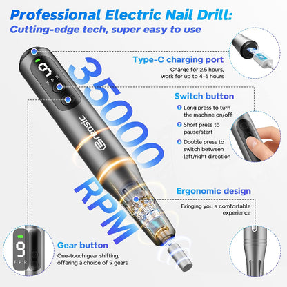 Electric Nail Drill Professional 35000RPM,Rechargeable Electric Nail File Cordless with 9-Speed & LED Display,12-in-1 Portable Manicure Pedicure kit for Acrylic Gel Dip Powder Nails (Purple)