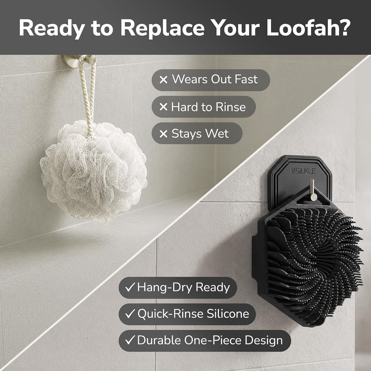 SILKLE Silicone Body Scrubber Exfoliator, Shower Scrubber & Silicone Loofah