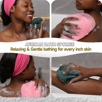 SubSahara Authentic African Net Sponge - 2 Pack Exfoliating Bath & Shower Loofah Sponge for Body & Face, Gentle Scrubber for All Skin Types, Travel, Durable Polyester (Olive Green & Light Green)