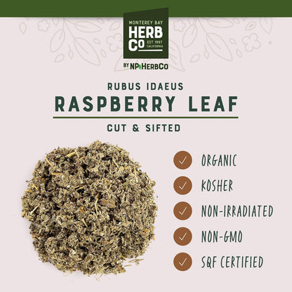 Organic Raspberry Leaf Cut & Sifted, by Herb Co, Rubus Idaeus, from Albania, Kosher, for Tea, Apple Cider Vinegar, Salves, Lotions, Creams, Toner & Hair Rinse, 1 lb