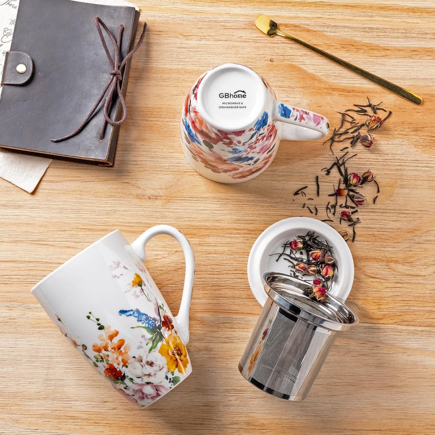 GBhome Tea Mug with Infuser and Lid, 18 Ounce Large Ceramic Loose Leaf Cup, Microwave, Dishwasher Safe, Perfect for Tea Lovers