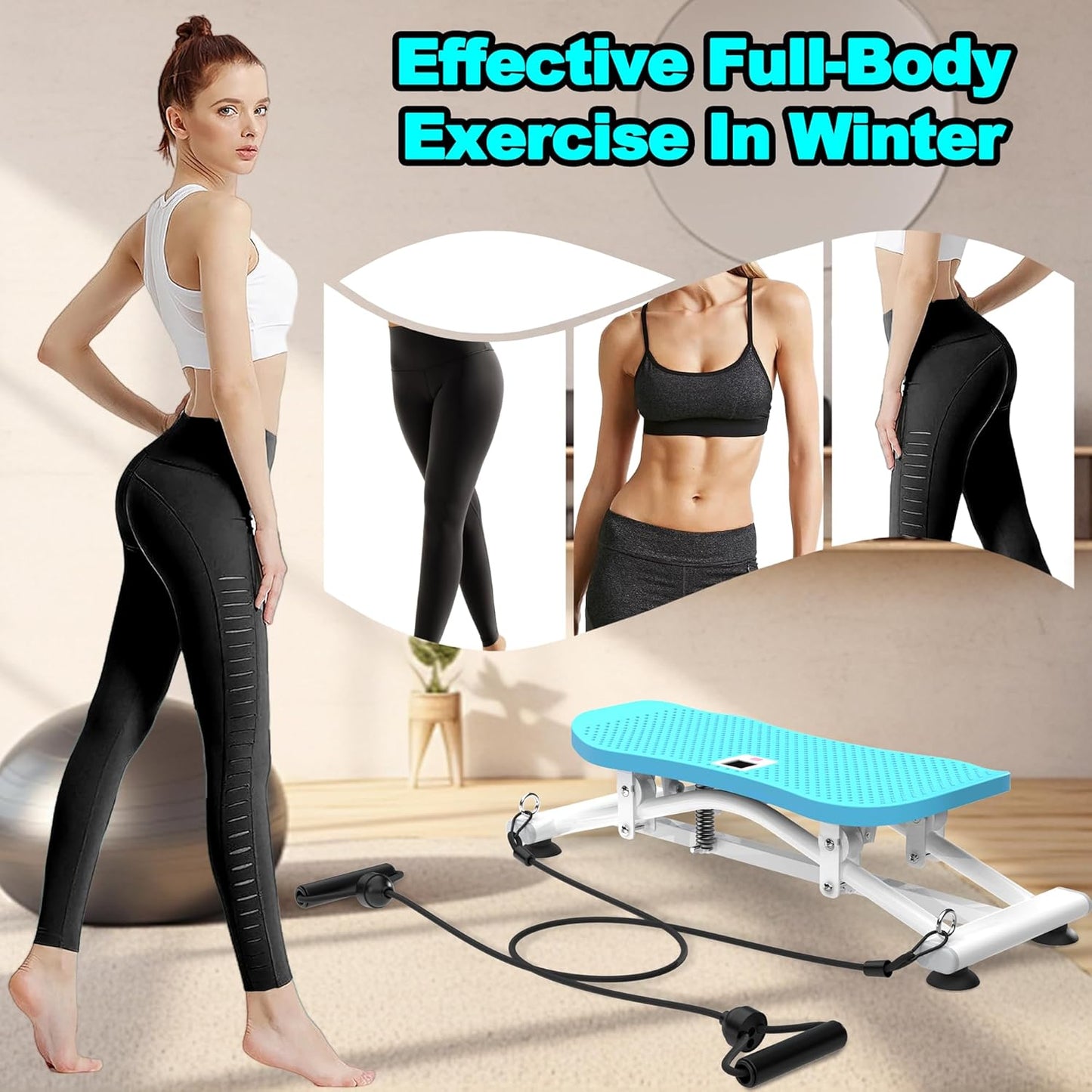 KINMAC 2-in-1 Rocking Stepper with Resistance Bands, Portable Balance Board for Exercise at Home, Quiet Mini Stair Stepper with LCD Monitor, Ski Trainer for Workout Home Gym