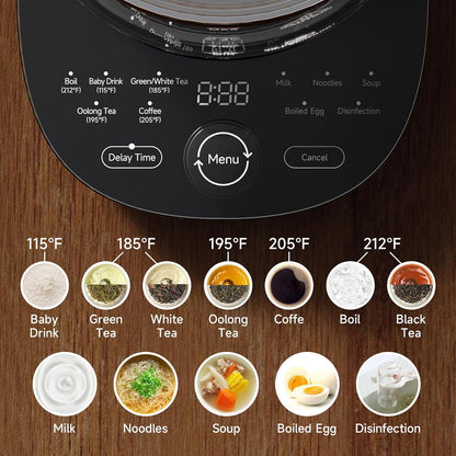Electric Kettle 1.5L Borosilicate Glass, 1200W Temperature Control Tea Kettle with Auto Shut-Off & Boil-Dry Protection, BPA-Free Stainless Steel Base, Fast Boil for Coffee & Keep Warm, White