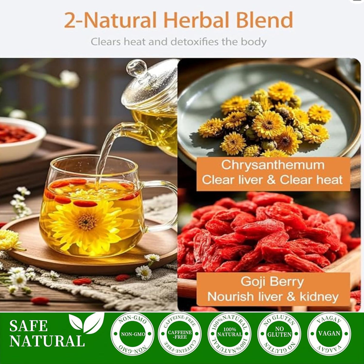 Organic Chinese Chrysanthemum Wolfberry (Goji Berry) Herbal Tea, Caffeine-Free Calming Relaxation Blend, Non-GMO, 40Tea Bags