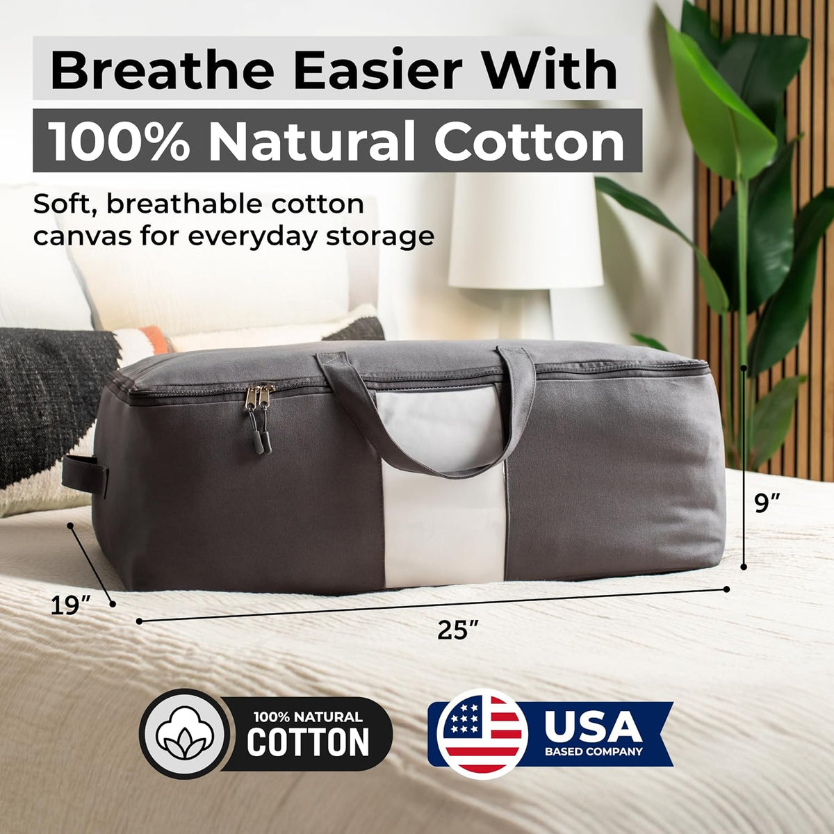 Soft Canvas Storage Bags with Zipper. Thick Breathable, 2pc King/Queen Comforter Organizer. Four Carrying Handles and Window. Large 25x19x9in Bag for Sheets Blankets Bedding Pillows, Clothes