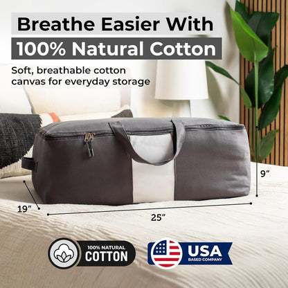 Soft Canvas Storage Bags with Zipper. Thick Breathable, 2pc King/Queen Comforter Organizer. Four Carrying Handles and Window. Large 25x19x9in Bag for Sheets Blankets Bedding Pillows, Clothes