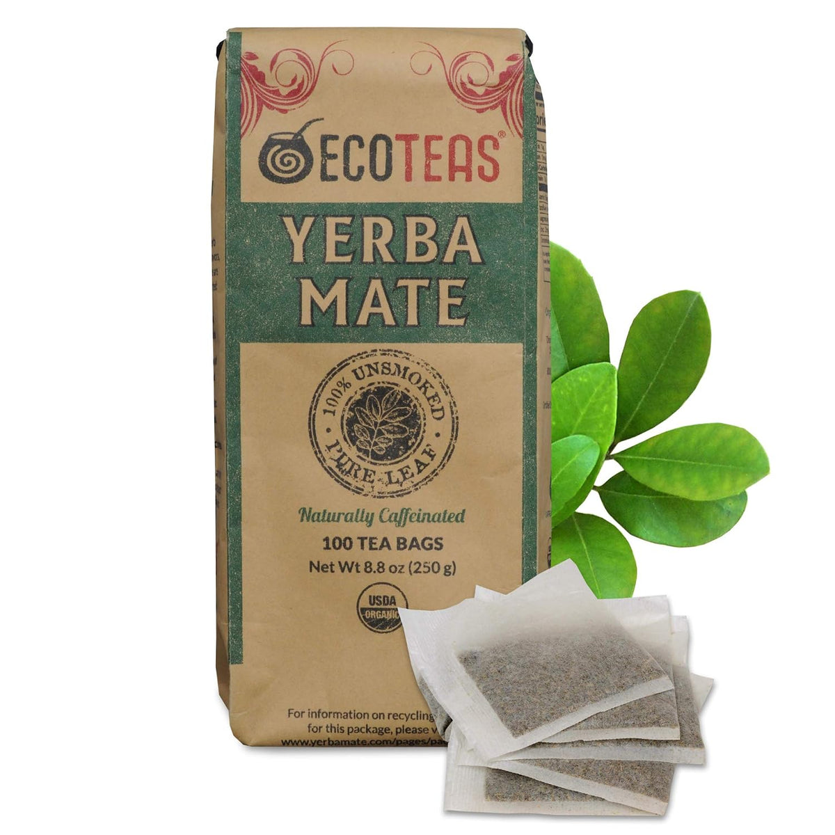 ECOTEAS Organic Yerba Mate Tea Bags Unsmoked 100 Count 8.8 oz Pack of 1