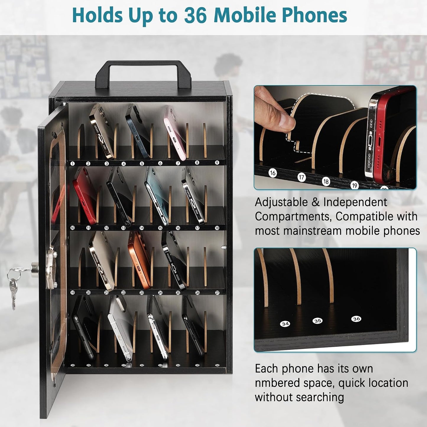 Wooden Phone Lock Box, Cell Phone Locker with 33 Adjustable Dividers | Phone Storage Cabinet with Security Lock & Handle, Desktop Phone Organizer for Classroom, Office & Repair Shops