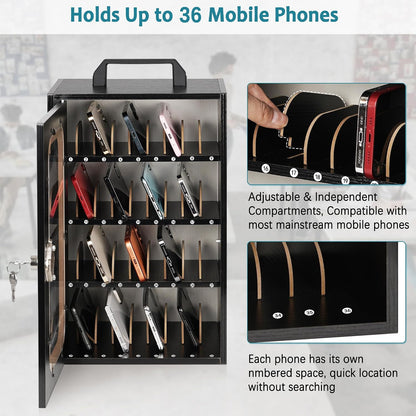 Wooden Phone Lock Box, Cell Phone Locker with 33 Adjustable Dividers | Phone Storage Cabinet with Security Lock & Handle, Desktop Phone Organizer for Classroom, Office & Repair Shops