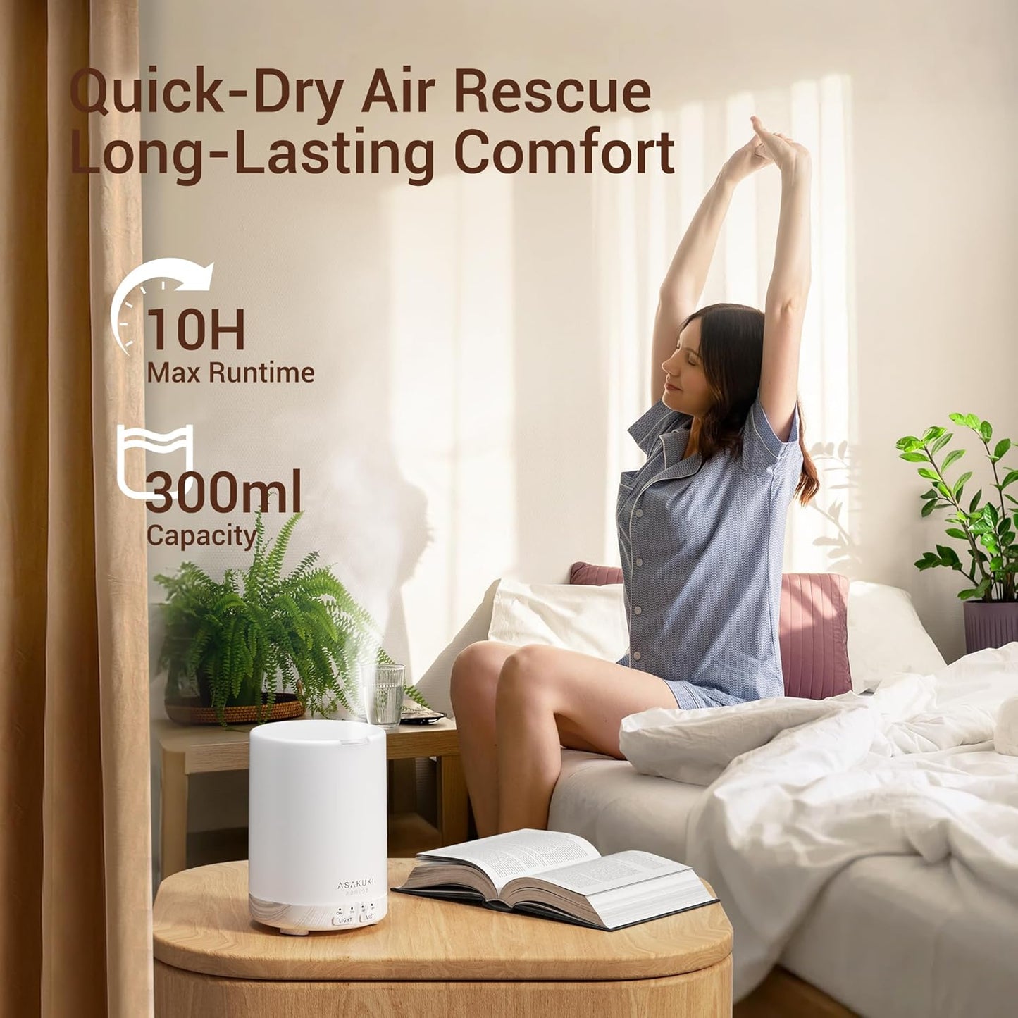 ASAKUKI Essential Oil Diffuser for Home 300 ml Quiet | Automatic Shut-Off, Aromatherapy Diffuser, 7 LED Lights for Living Room, Kitchen, Bedroom, Hotel - Light Brown