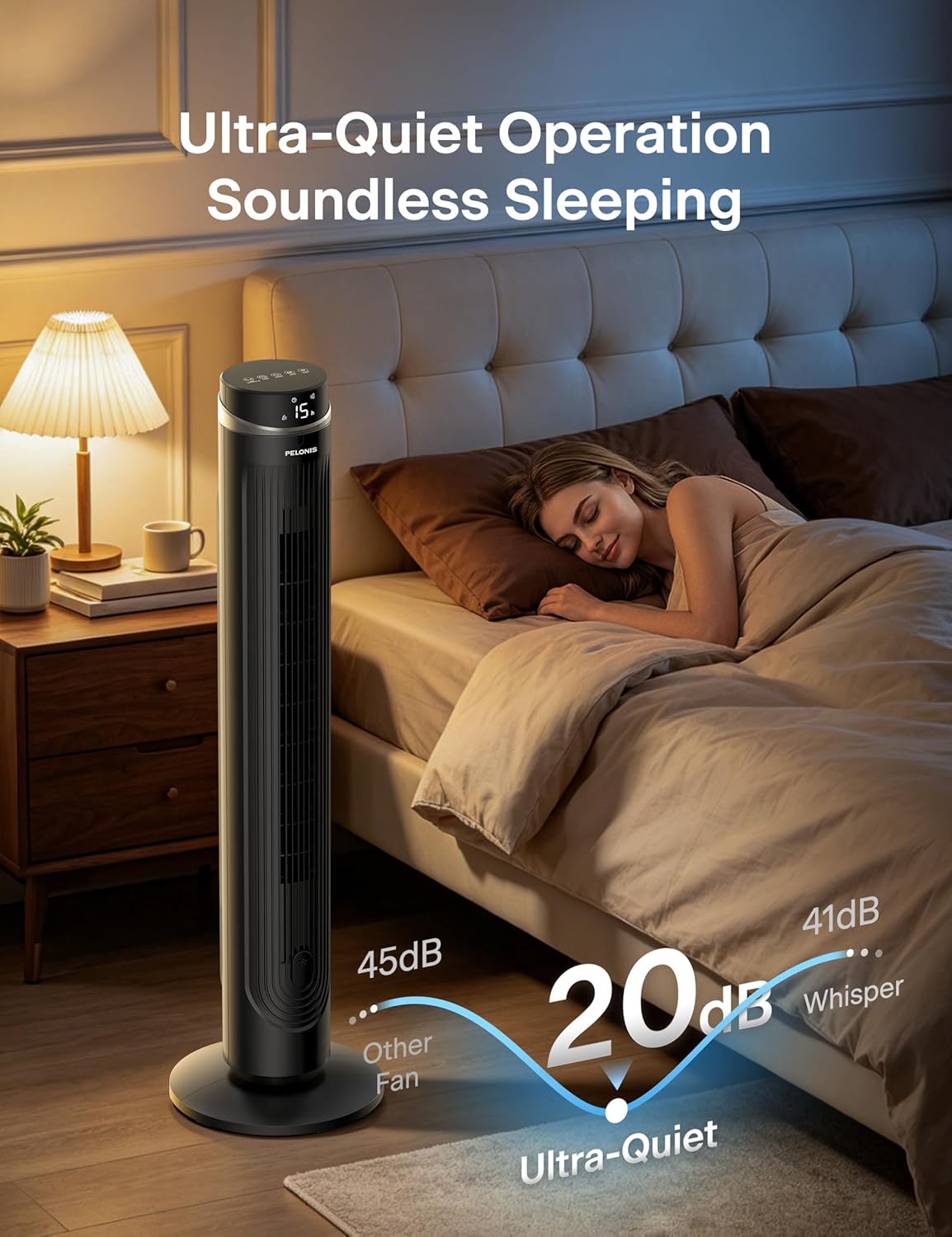 PELONIS 40 inch Bladeless Tower Fan for Bedroom, Standing Fan with Remote Control, 26ft/s, 90° Oscillation, 3 Speed Settings, 27dB, 3 Modes, 15-Hour Timer, LED Display, Fan that Blows Cold Air, White