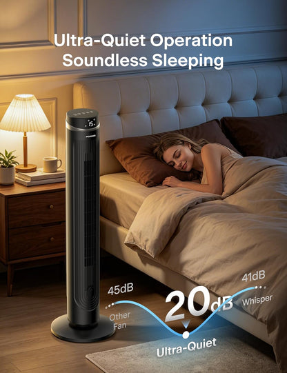 PELONIS 40 inch Bladeless Tower Fan for Bedroom, Standing Fan with Remote Control, 26ft/s, 90° Oscillation, 3 Speed Settings, 27dB, 3 Modes, 15-Hour Timer, LED Display, Fan that Blows Cold Air, White