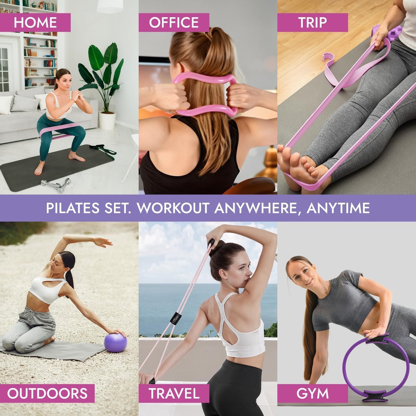 Pilates Ring and Ball Set with Video Tutorials, 10-in-1 Home Pilates Kit | Complete beginner-friendly workout kit for women to tone, strengthen and improve flexibility, balance and core at home