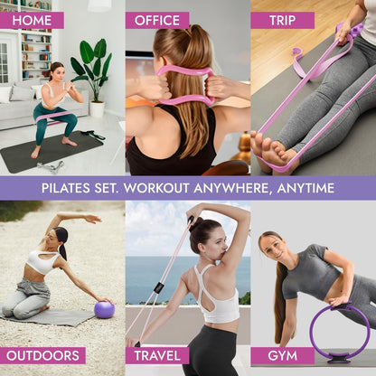 Pilates Ring and Ball Set with Video Tutorials, 10-in-1 Home Pilates Kit | Complete beginner-friendly workout kit for women to tone, strengthen and improve flexibility, balance and core at home