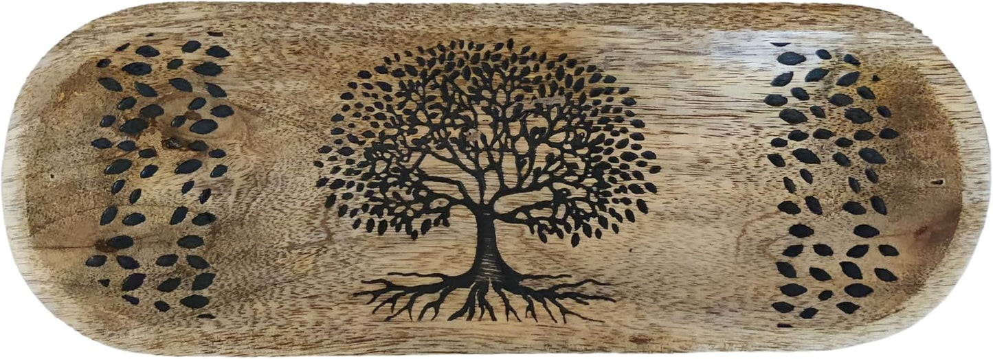VANIYA CRAFTS® Wooden Handmade Tree of Life Design Boat Shape Incense Holder Stand Insence Tray for Home Decor Restaurant (11X4, Natural Black)