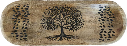 VANIYA CRAFTS® Wooden Handmade Tree of Life Design Boat Shape Incense Holder Stand Insence Tray for Home Decor Restaurant (11X4, Natural Black)