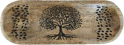 VANIYA CRAFTS® Wooden Handmade Tree of Life Design Boat Shape Incense Holder Stand Insence Tray for Home Decor Restaurant (11X4, Natural Black)