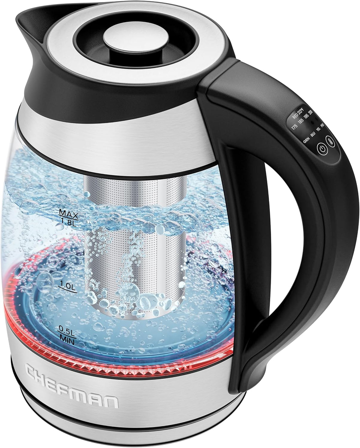 CHEFMAN Electric Kettle - 1.2L 1500W Hot Water Tea Pot with Infuser, BPA Free, Auto Shut Off, Boil-Dry Protection, Removable Lid, LED Light, Cordless Glass Electric Tea Kettle – Stainless Steel