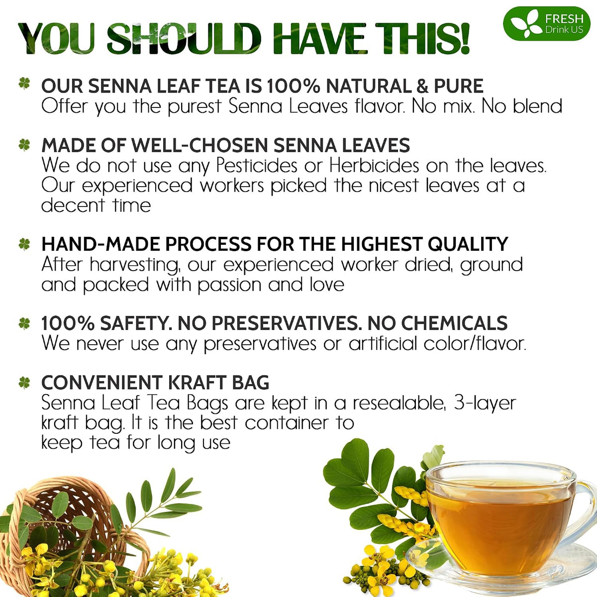 FreshDrinkUS, Premium Senna Leaf Tea Bag, 75 Count, Pure, Caffeine Free