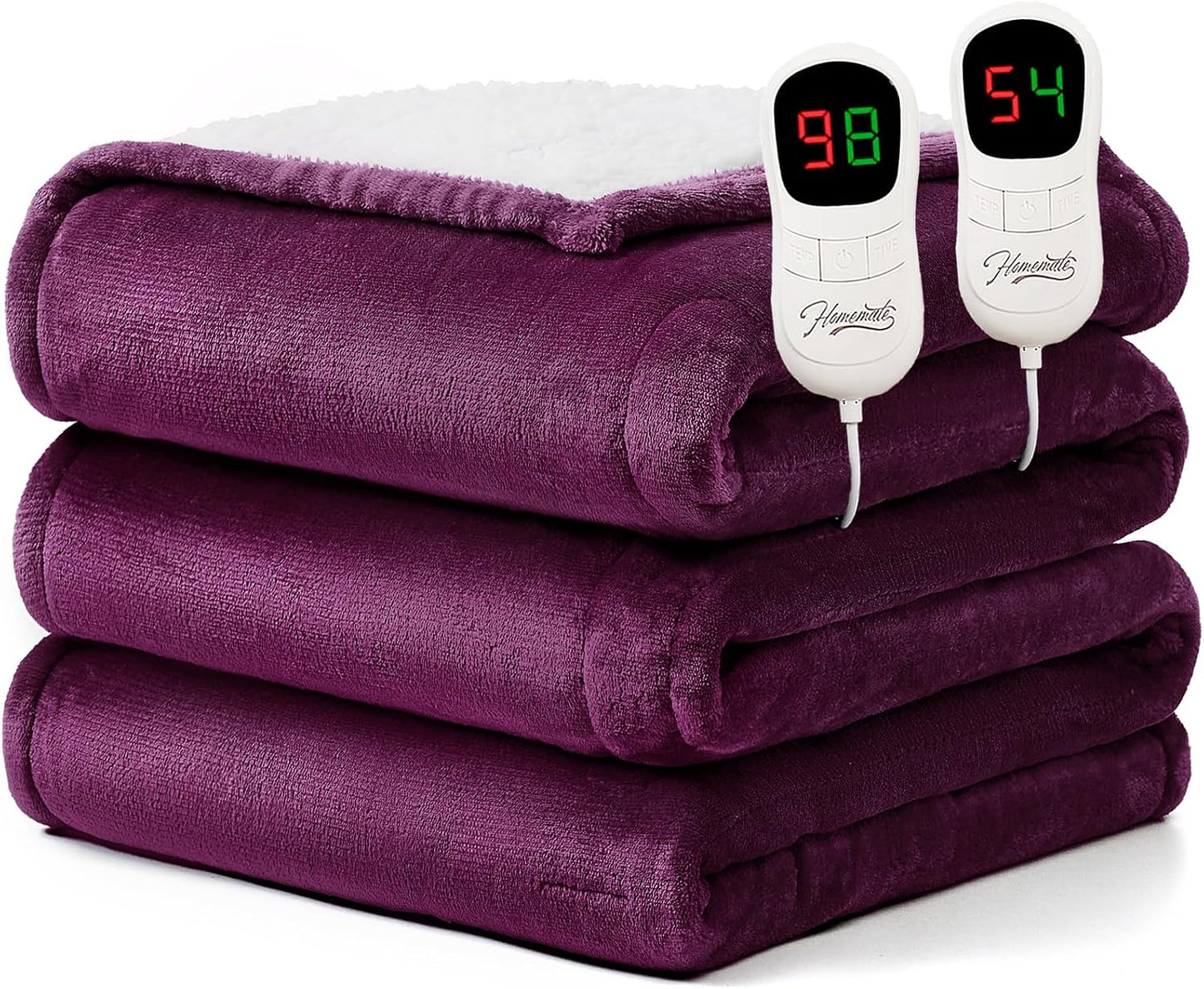 Homemate Heated Blanket Electric Throw - 50"x60" Heating Blanket Throw 1/2/4/6/8 Hours Auto-Off 10 Heat Level Over-Heat Protection Flannel Sherpa ETL Certification