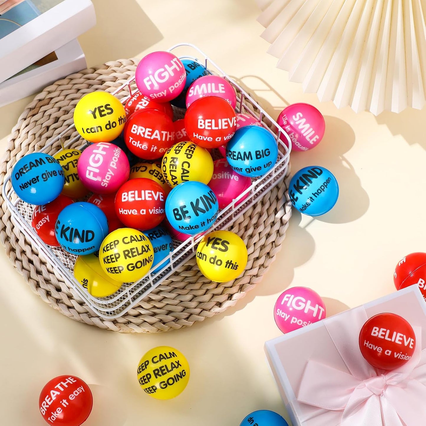 Liliful 100 Pcs Motivational Stress Balls Bulk Inspirational Squeeze Balls for Adults Anxiety Relief Fidget Toys Office Employee Gifts Classroom Rewards 2.2 Inch (Bright Colors)