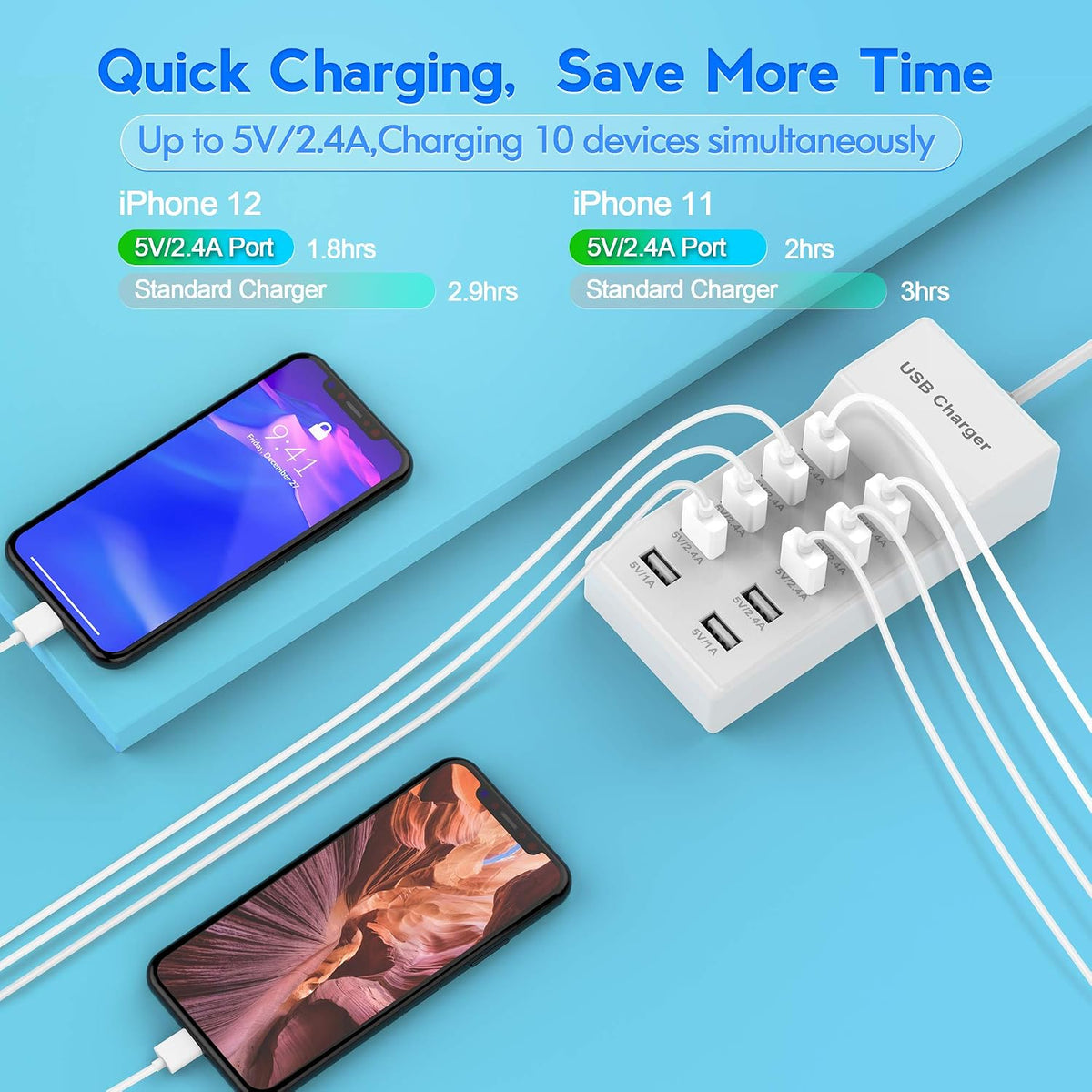 USB Charger Station Block 10-Port USB-A Power Strip Plug for Multi Devices