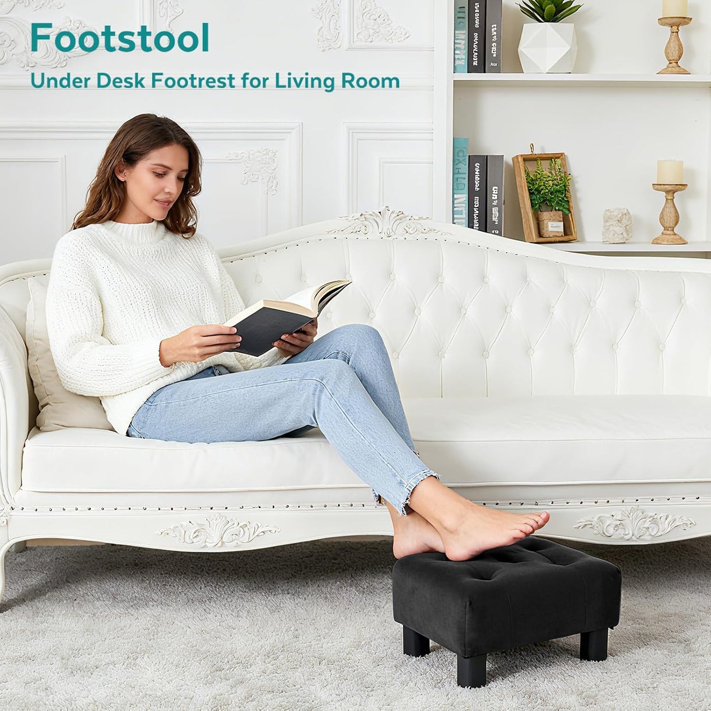 Small Foot Stool Ottoman, Sherpa Footstool Ottoman Foot Rest for Couch, Rectangle Footstools and Ottomans Small for Living Room, Entryway and Bedroom (White)