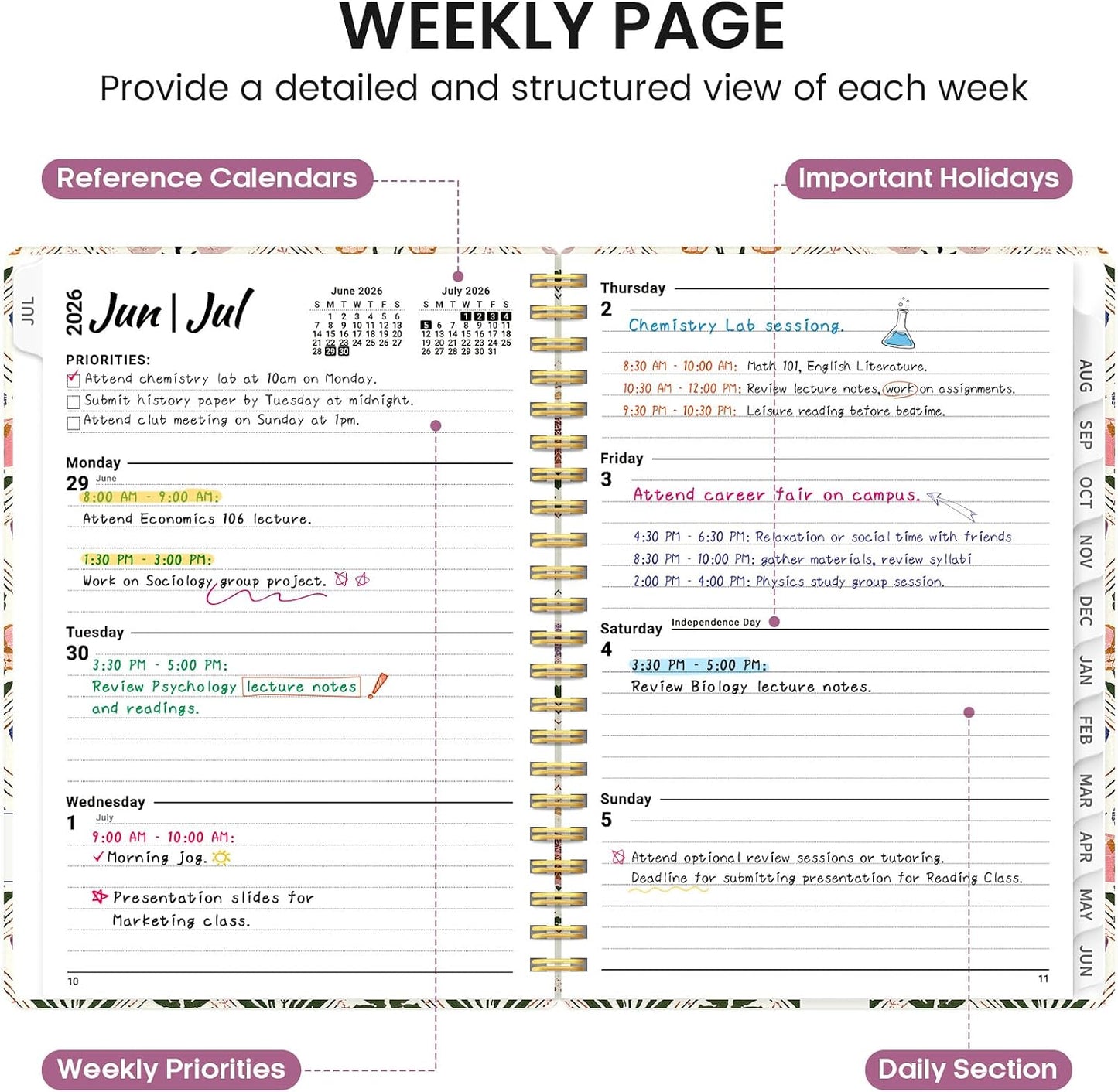 Planner 2026-2027, Academic Monthly and Weekly Calendar Planner for Women, July 2026 - June 2027, Hardcover Pretty Agenda Planner Book with Tabs, Spiral Daily Organizer for School Office Home Supplies, 6.3" x 8.5" - Blue Floral