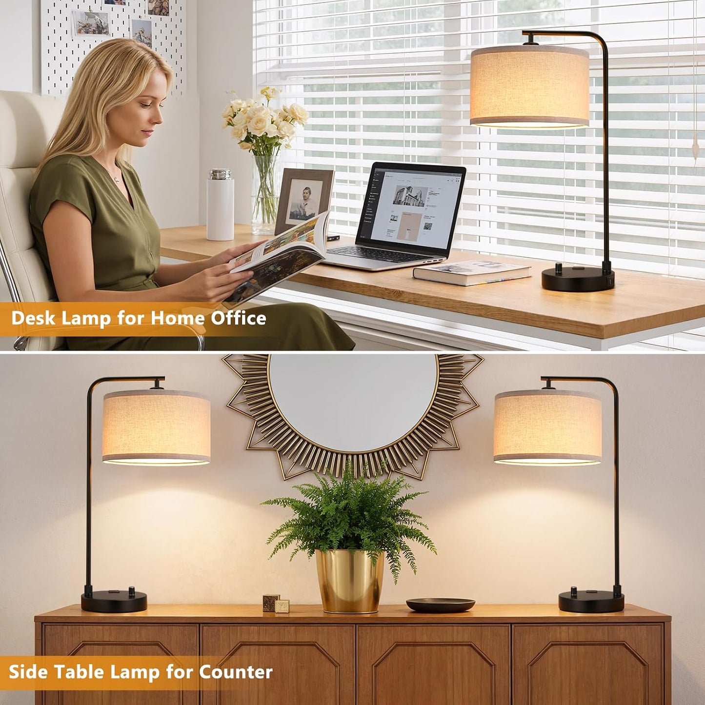 Innqoo Bedside Table Lamps for Bedroom Set of 2-Dimmable Nightstand Lamps with USB Port and Outlet,Modern Gold Lamps with Linen Shade,Tall Desk Lamps for Home Office Bedroom Living Room End Table
