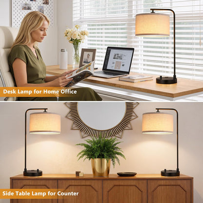Innqoo Bedside Table Lamps for Bedroom Set of 2-Dimmable Nightstand Lamps with USB Port and Outlet,Modern Gold Lamps with Linen Shade,Tall Desk Lamps for Home Office Bedroom Living Room End Table