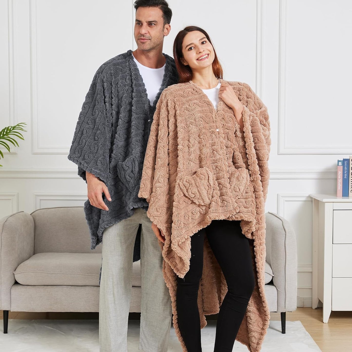 Wearable Blanket Poncho Cape Wrap for Adult, Cozy Sherpa Fleece Pocketed Shawl TV Throw Blankets for Office and Lounge(Purple,58'' x 64'')