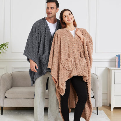 Wearable Blanket Poncho Cape Wrap for Adult, Cozy Sherpa Fleece Pocketed Shawl TV Throw Blankets for Office and Lounge(Purple,58'' x 64'')