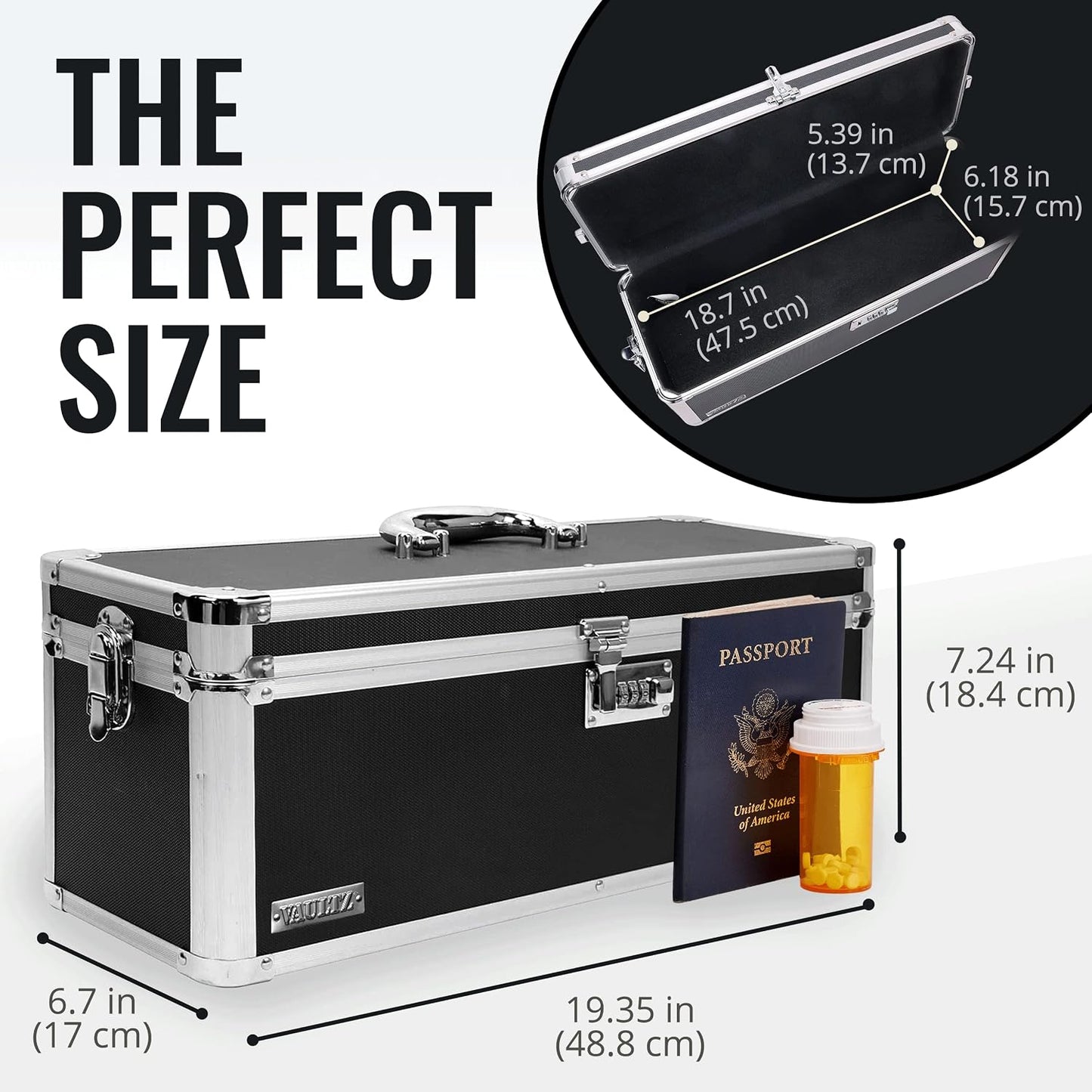 Vaultz Secure Security Lock Boxes - Safe Combination Lock Box, Storage for Documents, Valuables, Medicine & Money - 9.88 x 7.75 x 7 Inch - Black/Chrome